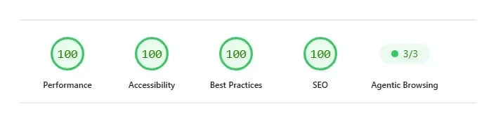 Ava Lui results — Google PageSpeed (desktop): Performance 100, Accessibility 100, Best Practices 100, SEO 100, Agentic Browsing 3/3.
