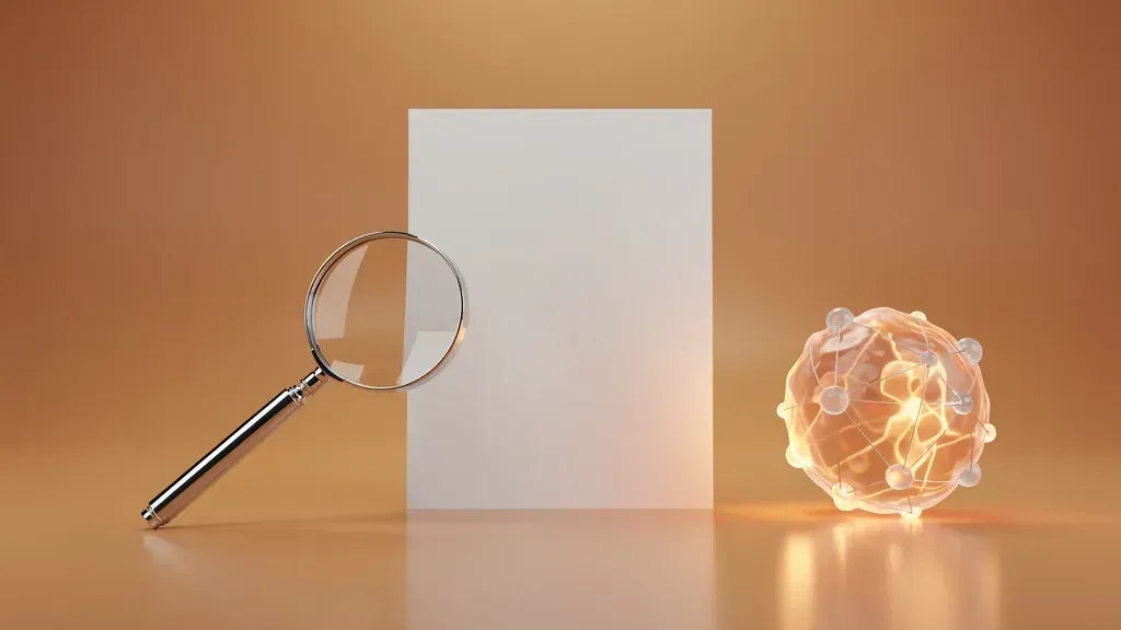 A blank document examined by a magnifying glass on one side and a glowing network of nodes on the other