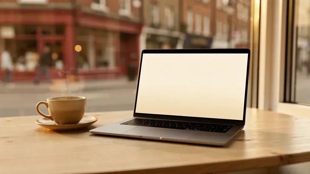 A laptop and coffee on a cafe table by a window with a blurred British high street outside