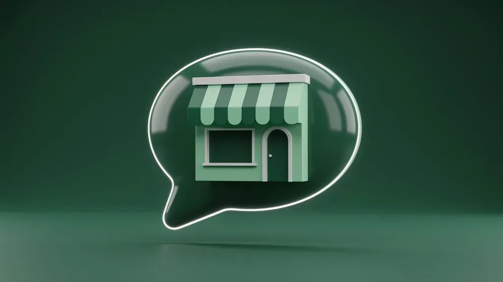 A miniature shopfront sitting inside a glossy chat bubble on an emerald background