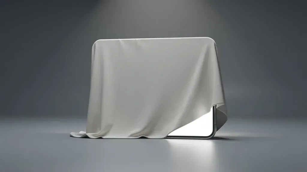 A browser window almost hidden under a draped white dust sheet, lit by a spotlight that misses it