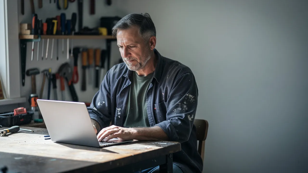 A tradesperson working at a laptop in their workshop